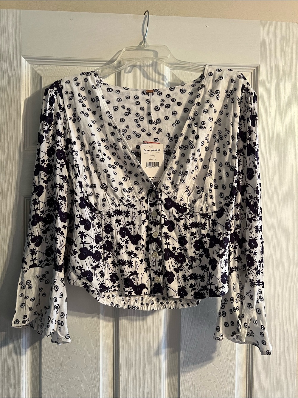 Free People White Blouse with Blue Floral Print